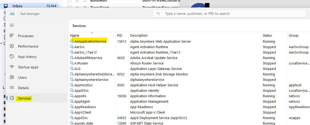 Windows Task Manager showing AAApplicationService listed.